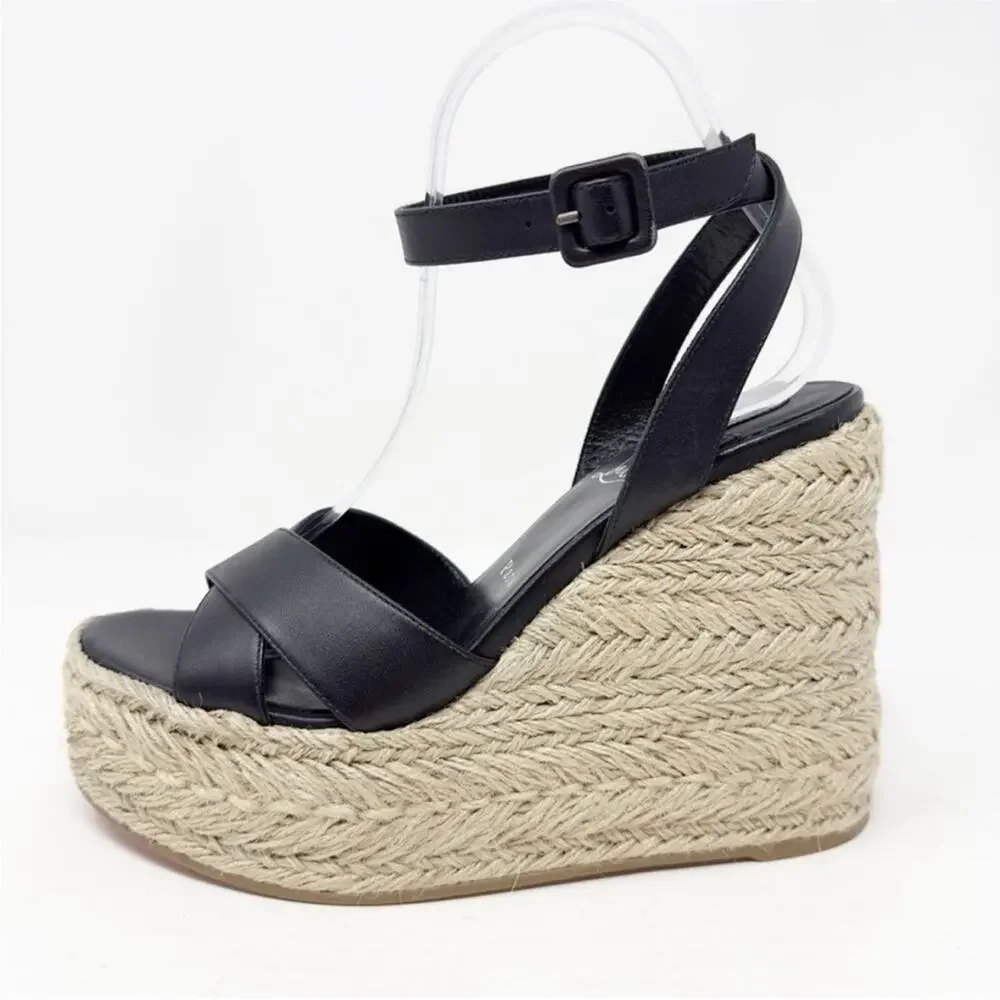 Christian Louboutin Mariza Zeppa Black Leather Wedge Sandal Size 37